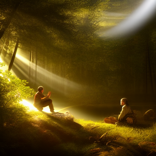 Perceval, kneeling before a humble hermit in a tranquil forest clearing, listens intently as the hermit imparts his wisdom, illuminated by the warm rays of sunlight filtering through the treetops.